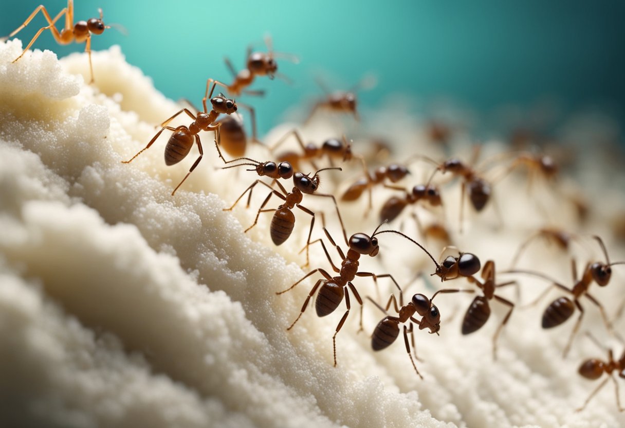 A line of ants approaches a pile of cornstarch. Some ants consume it while others avoid it, suggesting mixed effectiveness