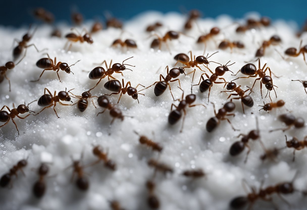 A pile of ants swarming around spilled cornstarch. Some ants are dead, while others struggle to move through the powdery substance