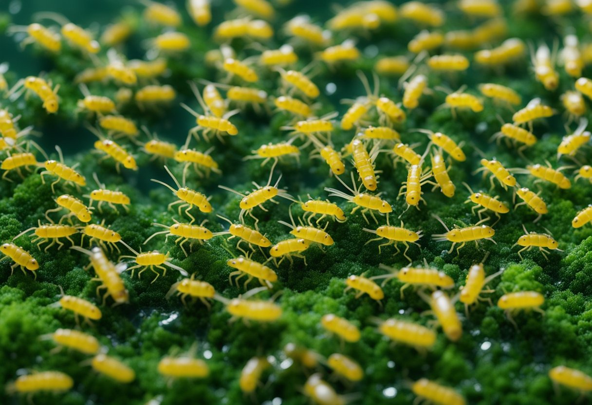 Springtails swarm around the edges of a pool, feasting on algae and other organic matter as a treatment is applied to the water