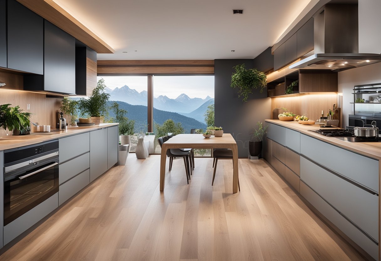 A spacious open kitchen with light wood floors and mountain-style design principles