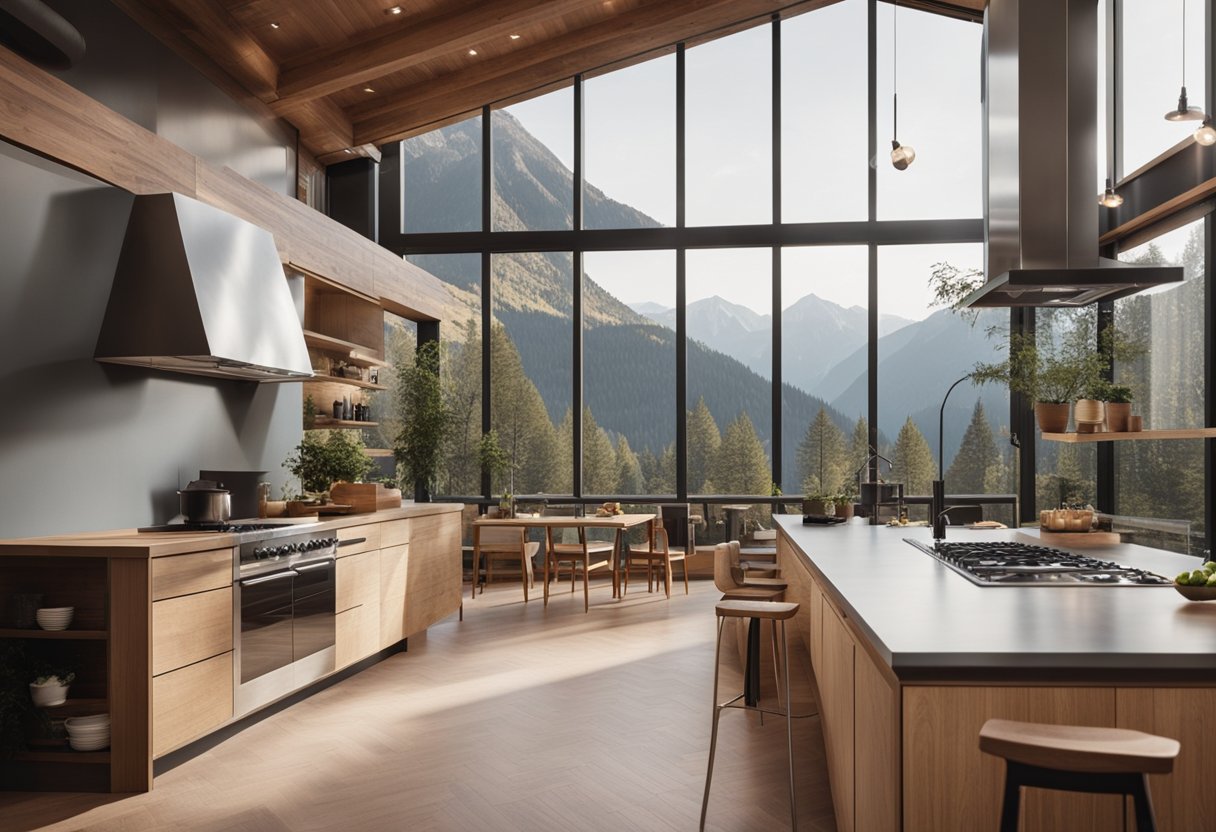 A spacious open kitchen with light wood floors in a mountain style layout