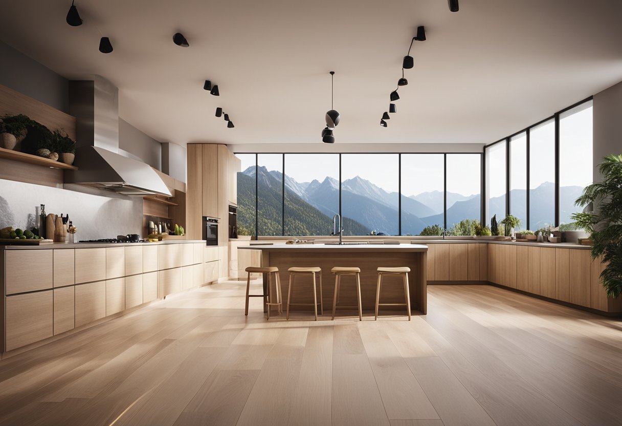 A spacious open kitchen with light wood floors and mountain-style materials creates a warm and inviting atmosphere