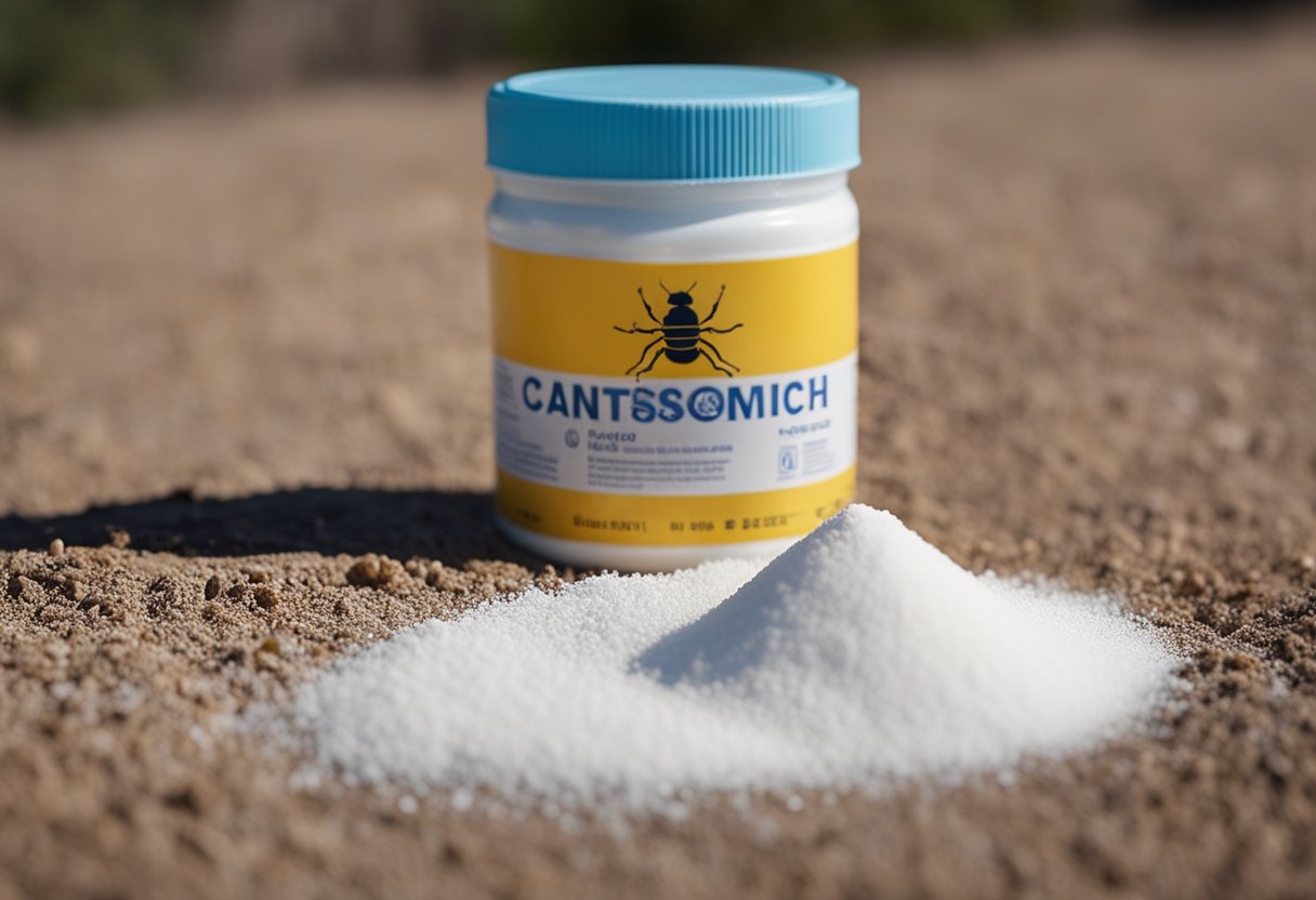 A container of cornstarch placed near an ant trail, with a visible barrier of chalk or baby powder to prevent the ants from crossing