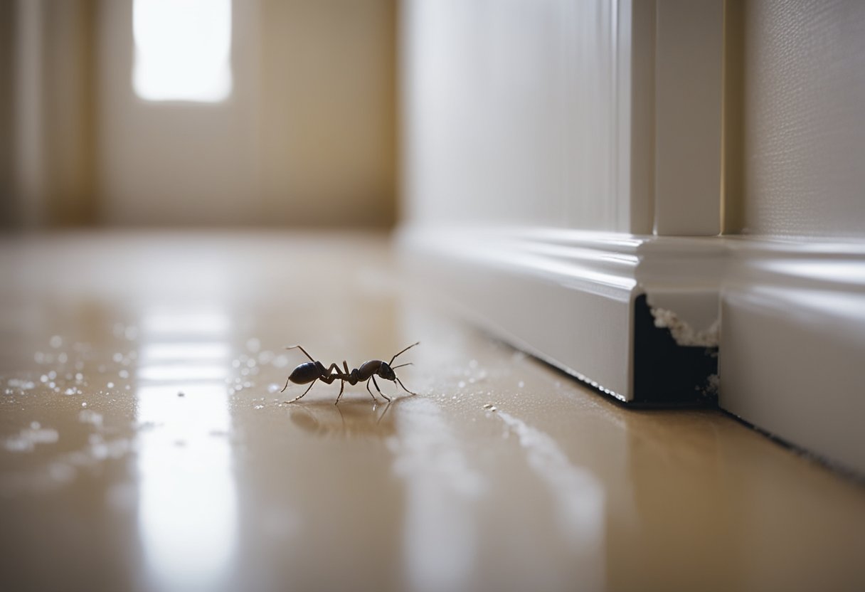 Cornstarch sprinkled along the baseboards and entry points, ants avoiding the white powder, a pest control technician inspecting and applying the preventative measure