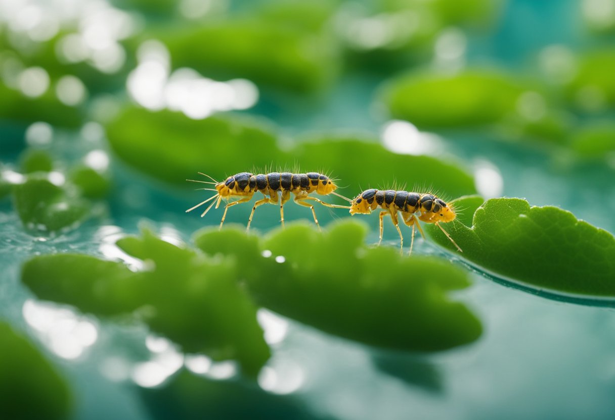 Springtails in pool removed with chemical treatment. Pool water clear and free of pests. Vacuum and clean pool thoroughly