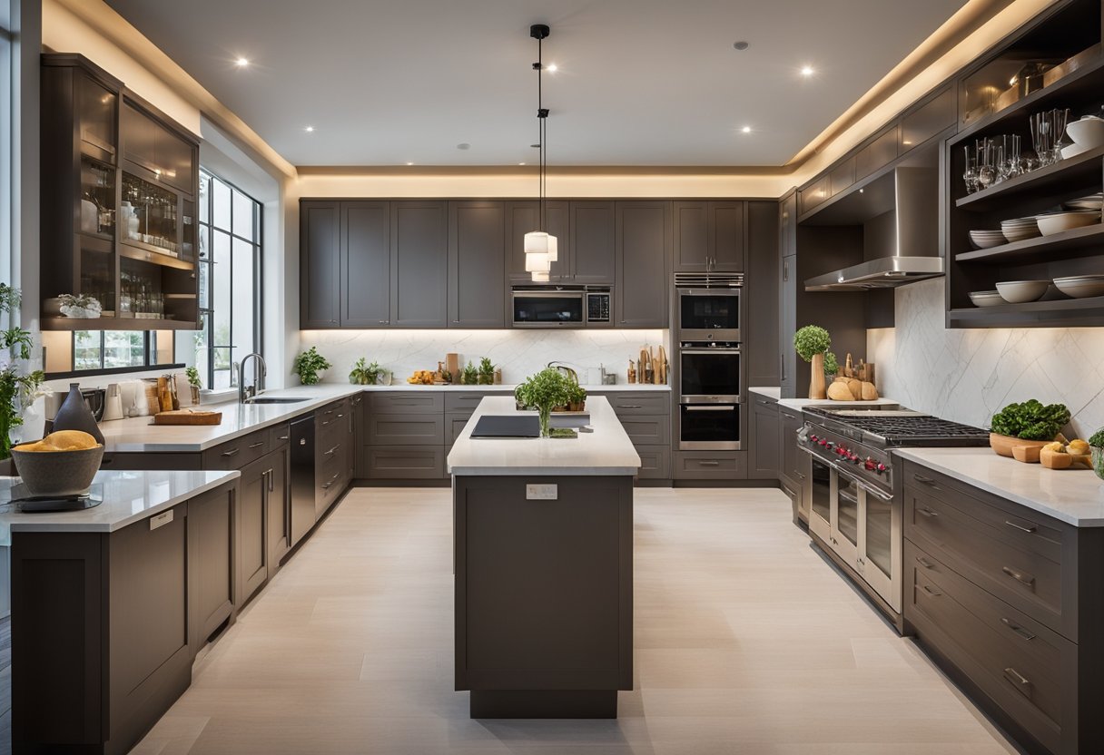 A spacious kitchen with organized work zones, ample storage, and efficient appliance placement. Clear pathways and a central island for food prep and socializing