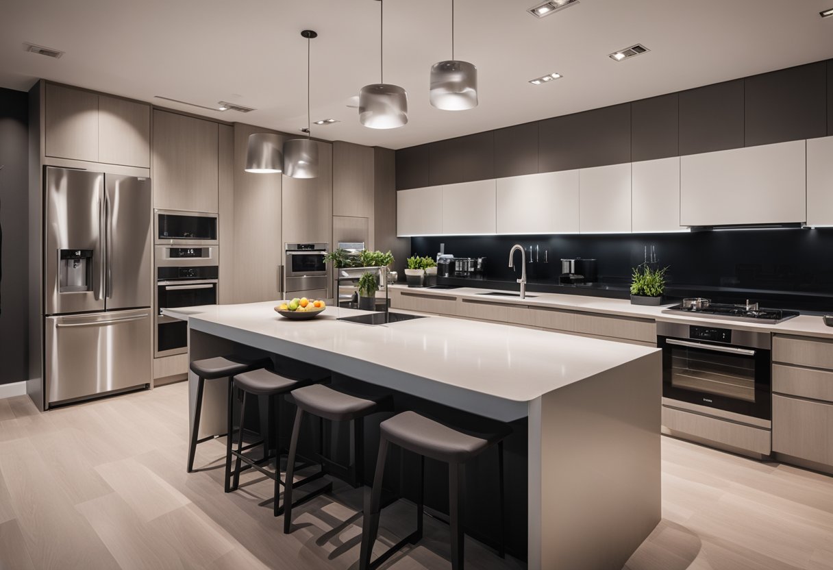 A spacious and well-organized kitchen with an island at the center, surrounded by sleek countertops and modern appliances