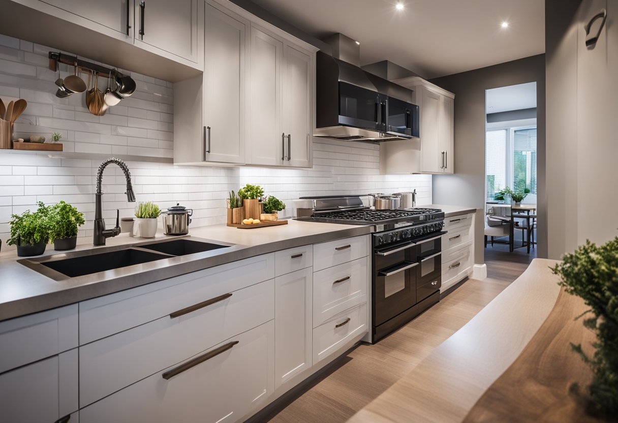 A kitchen with well-organized appliances, clear counter space, and efficient workflow. Cabinets and drawers are easily accessible, and there is ample lighting for cooking and food preparation