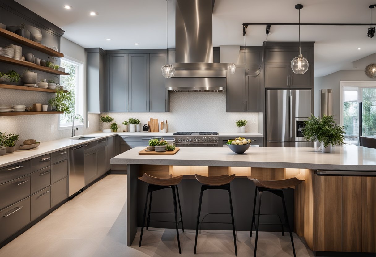 A spacious, well-lit kitchen with clean, durable countertops and ample storage. A mix of textures and materials, including wood, stone, and stainless steel, create a modern yet functional space