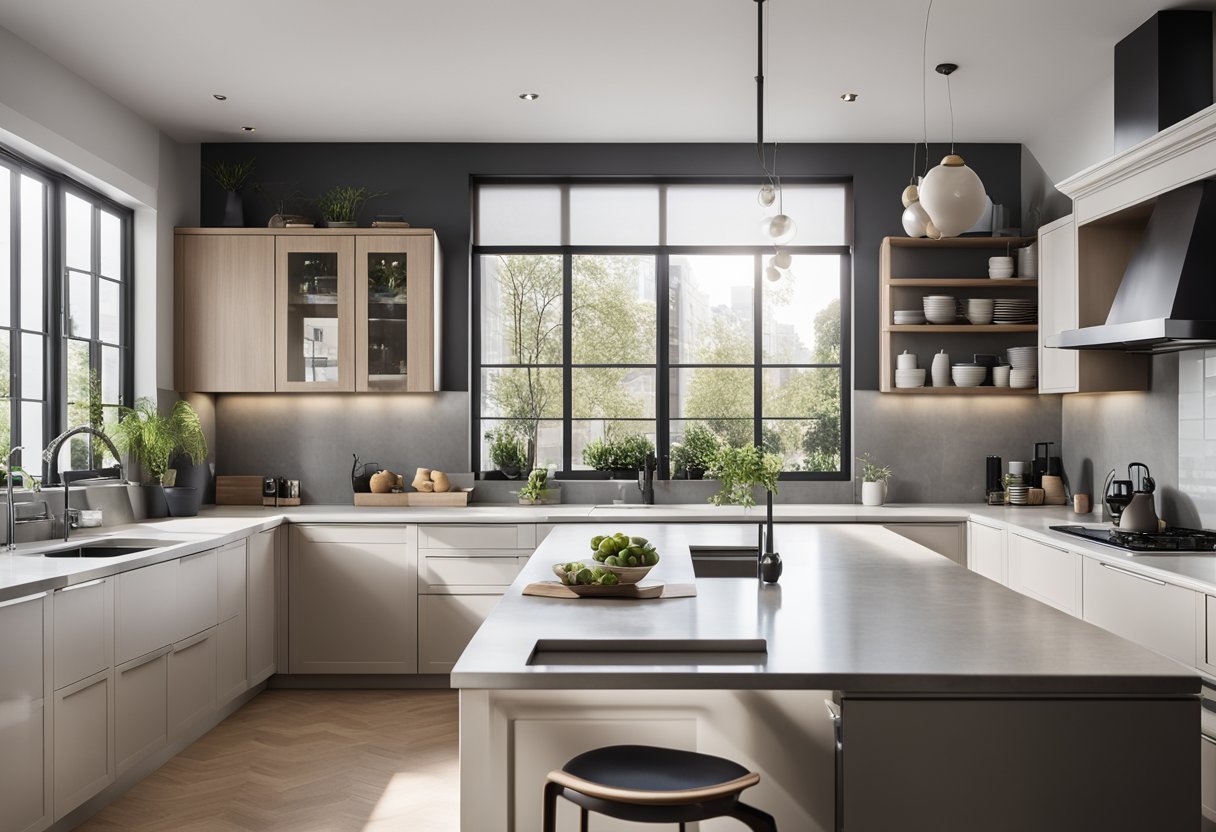 A spacious kitchen with an L-shaped layout, featuring sleek countertops, modern appliances, and ample storage space. Natural light floods in through large windows, illuminating the stylish design