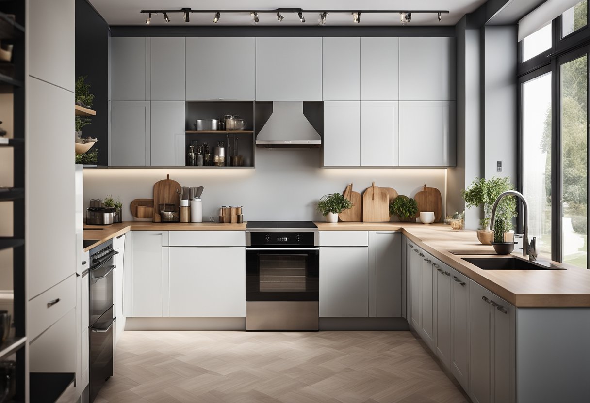 A spacious kitchen with a U-shaped layout, featuring sleek countertops, modern appliances, and ample storage. The design emphasizes both beauty and functionality