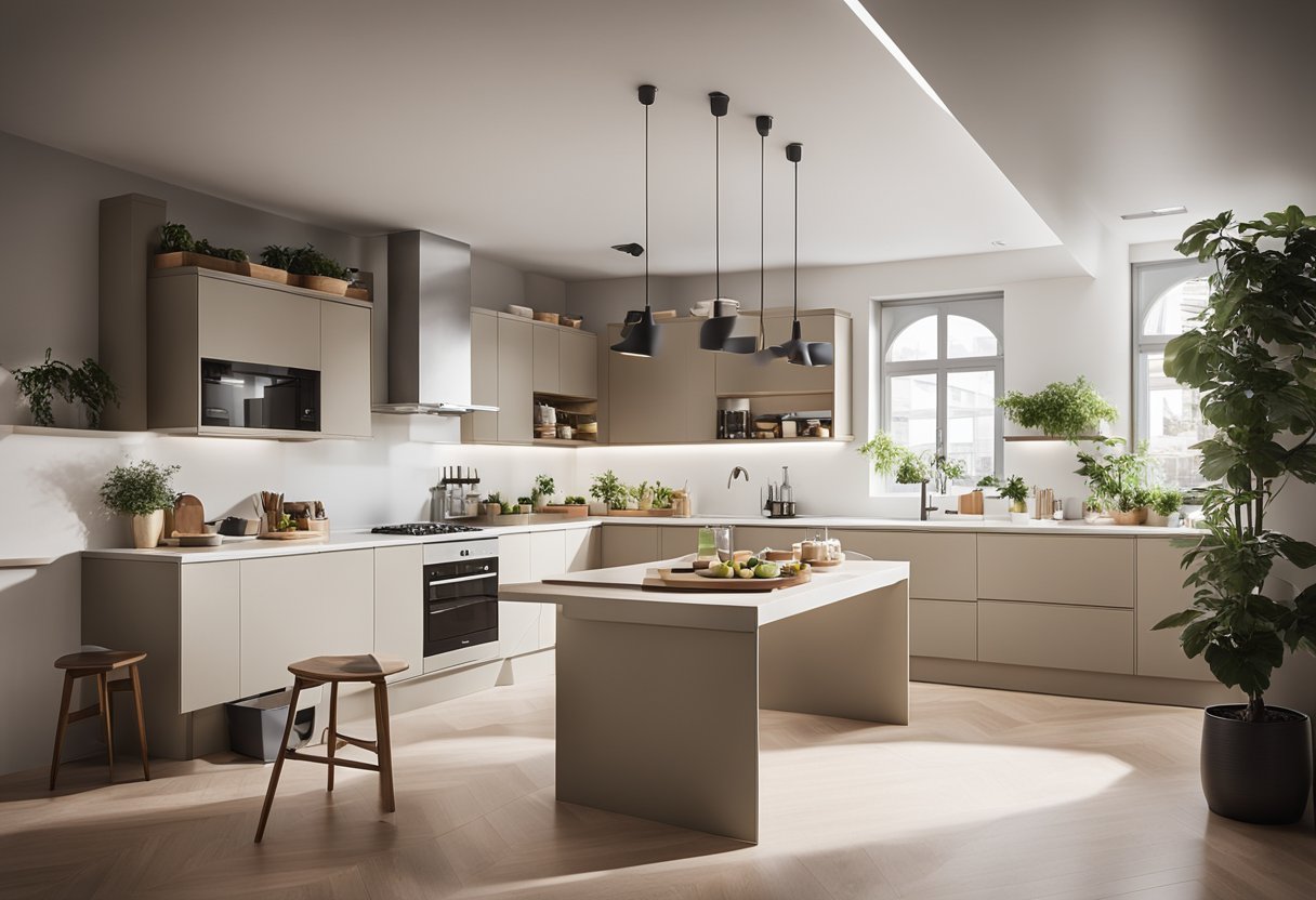 A square kitchen with clever storage solutions, foldable furniture, and built-in appliances to maximize space. Bright lighting and neutral colors create a spacious, airy feel