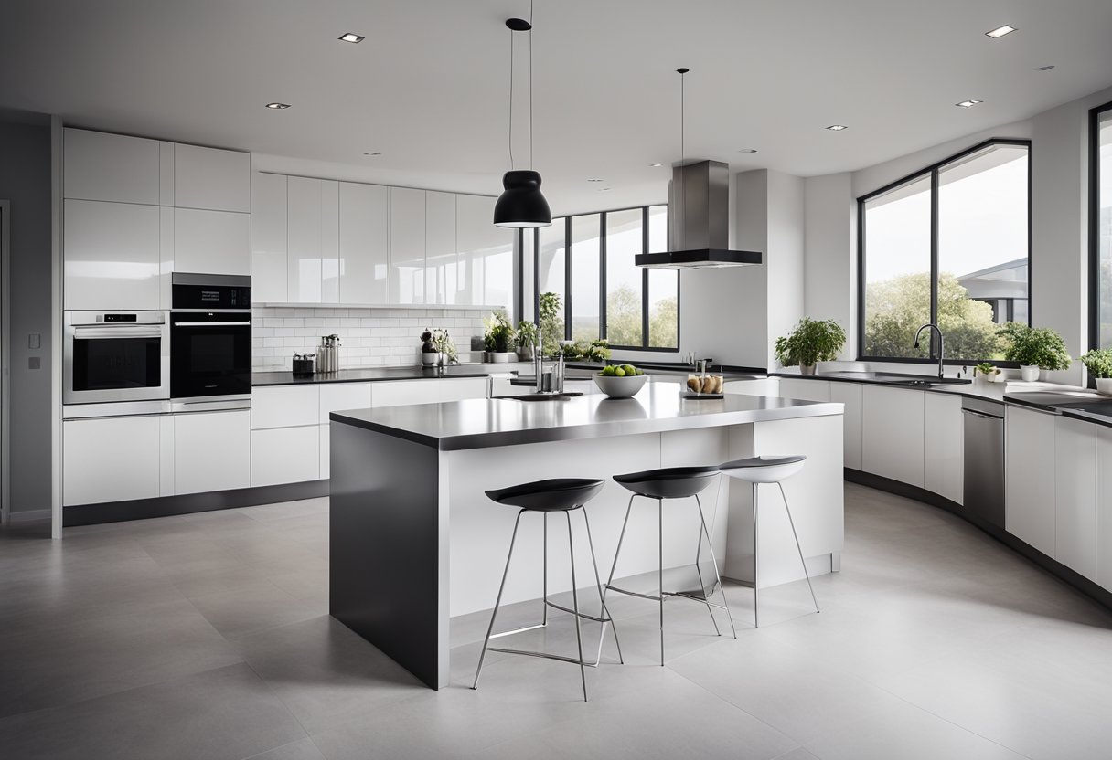A bright, modern kitchen with a monochromatic color scheme of white, gray, and black. Natural light floods the space through large windows, highlighting sleek countertops and stainless steel appliances