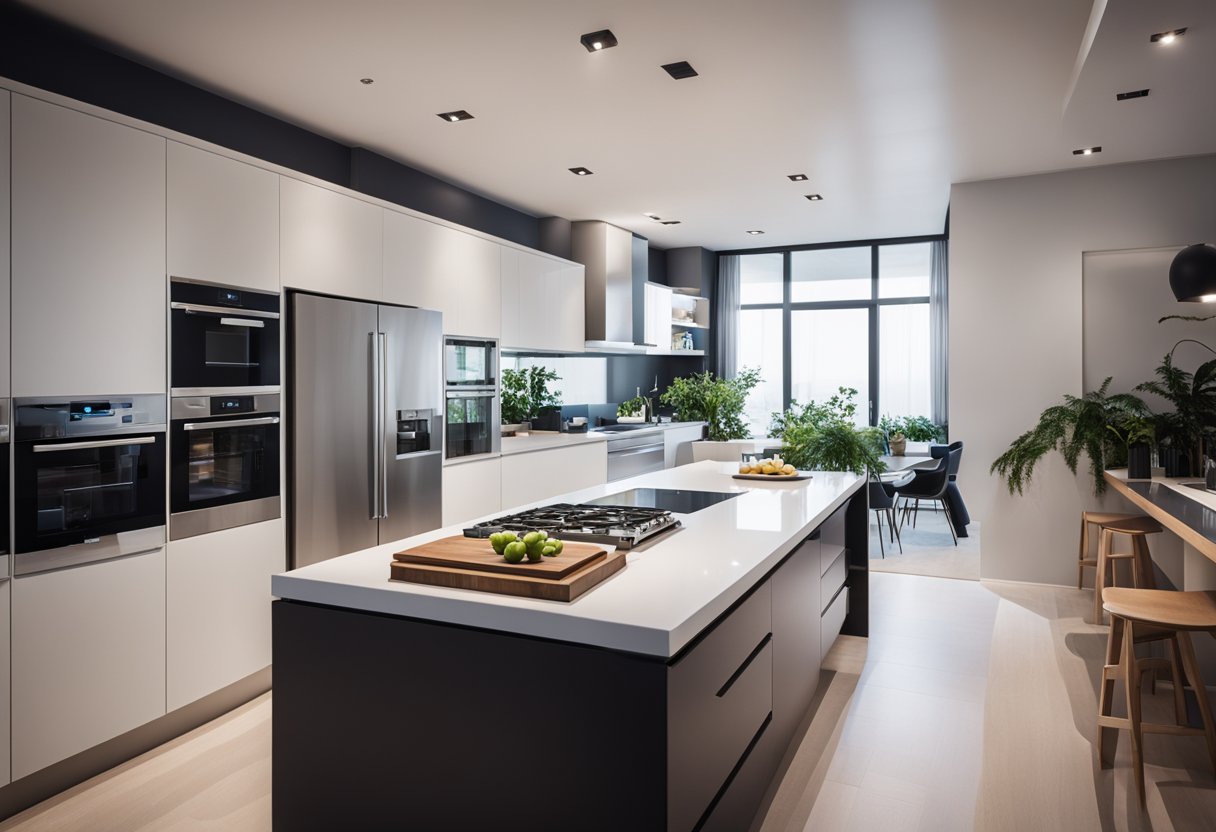 A square kitchen with a central island, surrounded by modern appliances and sleek furniture, creating a functional and stylish layout