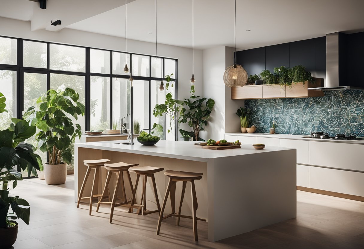 A modern kitchen with geometric tiles, hanging plants, and sleek appliances. A large window lets in natural light, and a minimalist island sits in the center