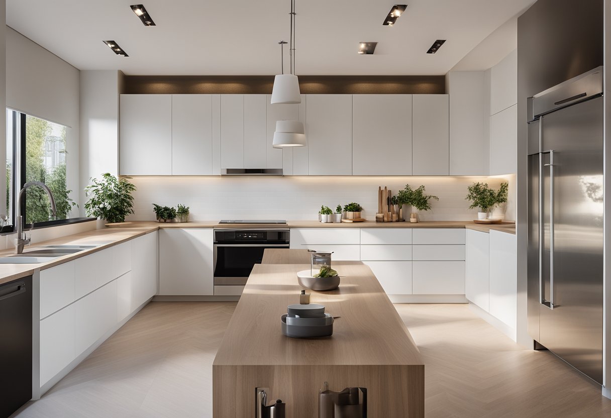 A spacious L-shaped kitchen with sleek countertops, modern appliances, and ample storage. Natural light streams in through large windows, illuminating the clean, minimalist design