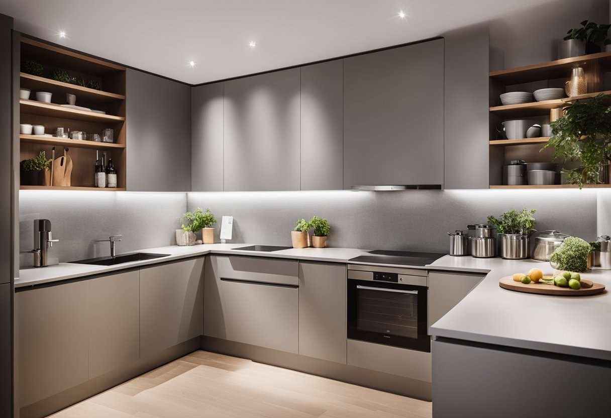 A modern L-shaped kitchen with sleek cabinetry and clever storage solutions
