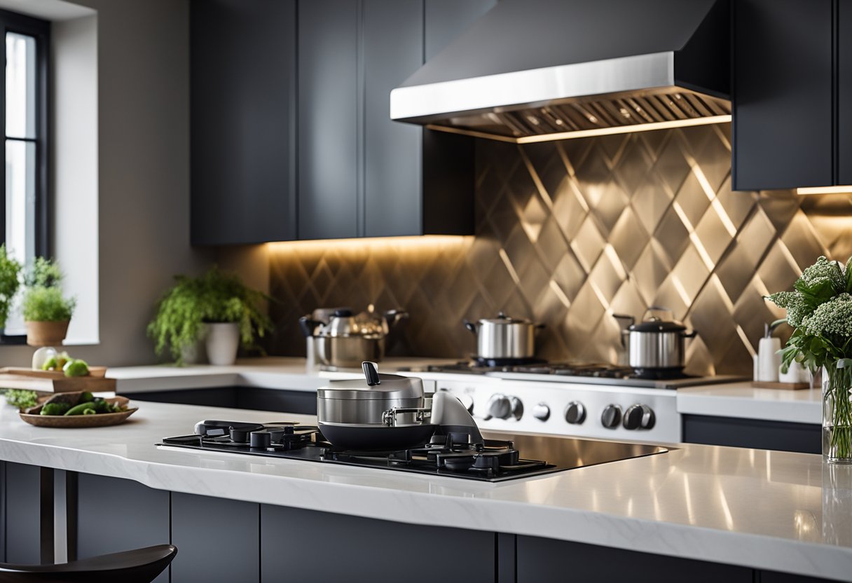 The kitchen features sleek countertops and a stylish L-shaped backsplash