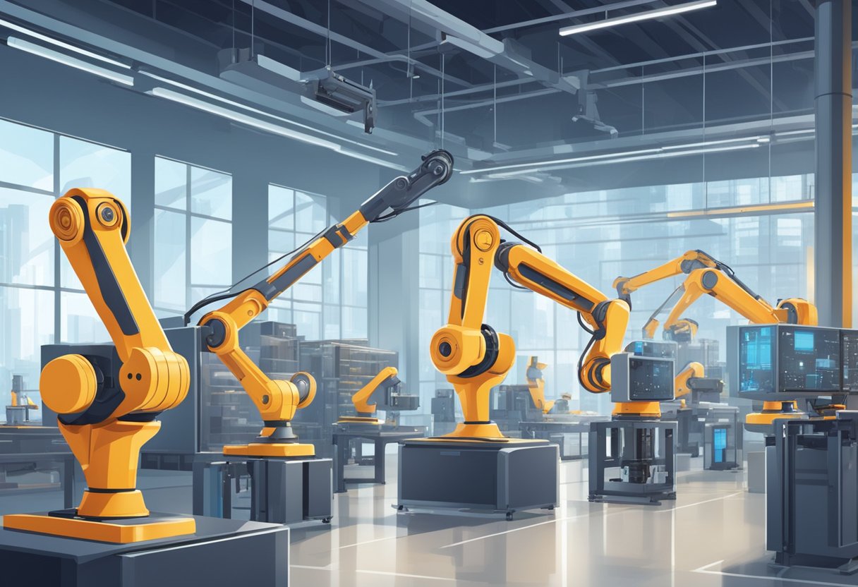 Robotic arms assemble products in a sleek, automated factory. Drones deliver packages in a bustling city. Virtual reality meetings replace traditional offices