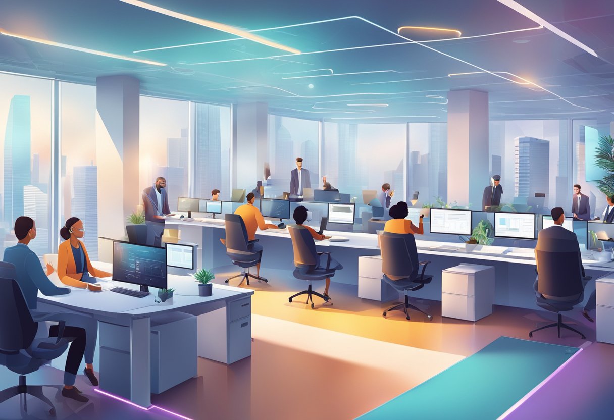 An office with diverse workers collaborating in a futuristic setting with advanced technology and flexible work arrangements