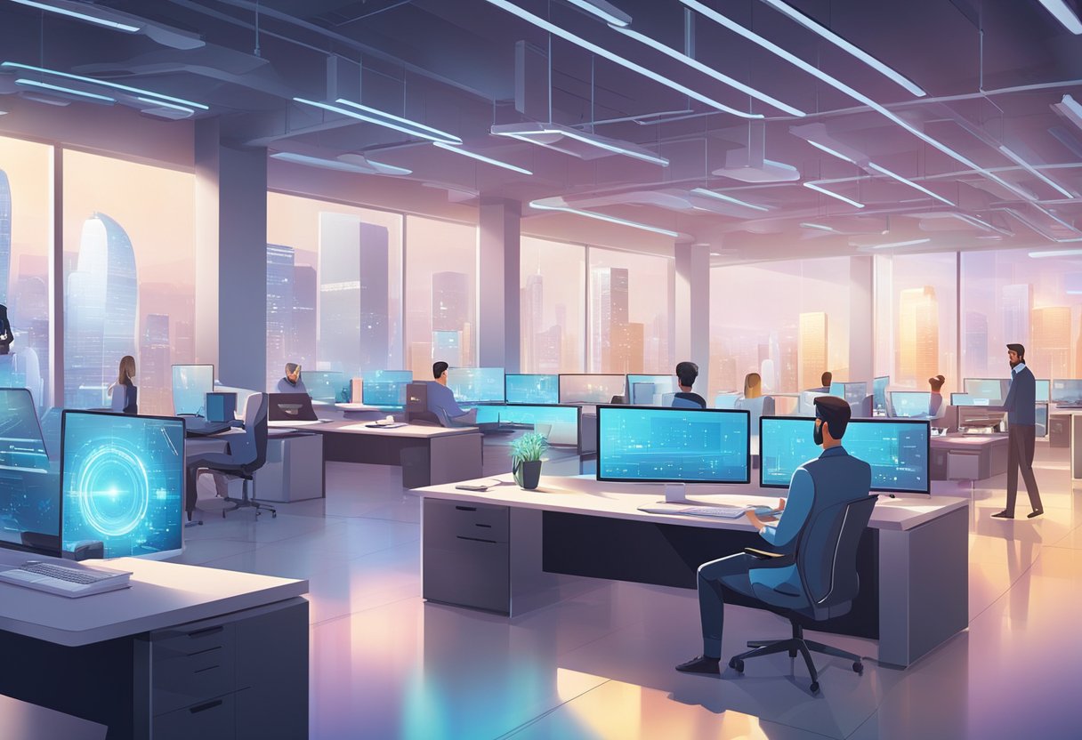 A bustling office with holographic displays, robots collaborating with humans, and advanced AI managing tasks seamlessly. Futuristic architecture and sleek designs dominate the workspace