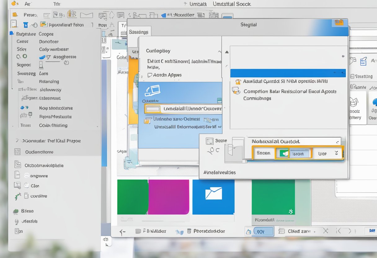 A computer screen with a cursor hovering over the "Uninstall" button next to the Outlook app icon. A pop-up window prompts the user to confirm the action