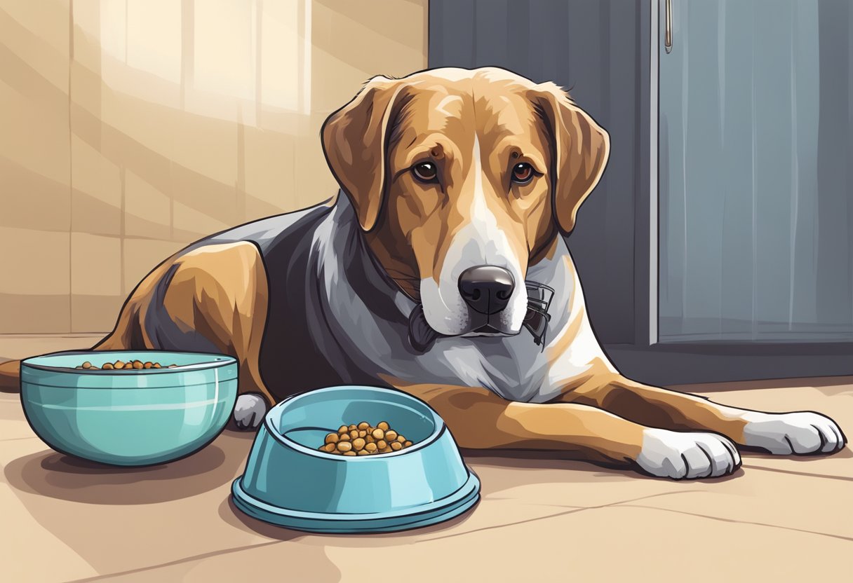 A senior dog sits by its food bowl, not eating but drinking water