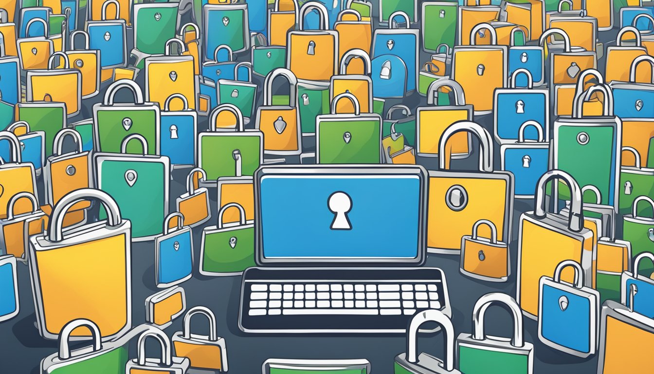 A computer screen with a lock symbol, surrounded by shields and padlocks, representing online privacy protection
