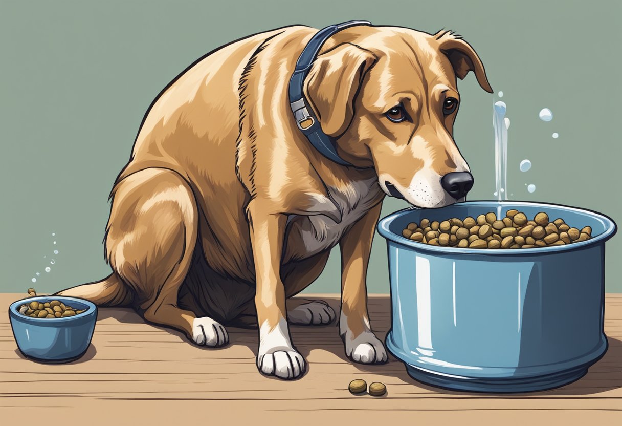 A senior dog sits near its untouched food bowl, but eagerly drinks from a nearby water bowl