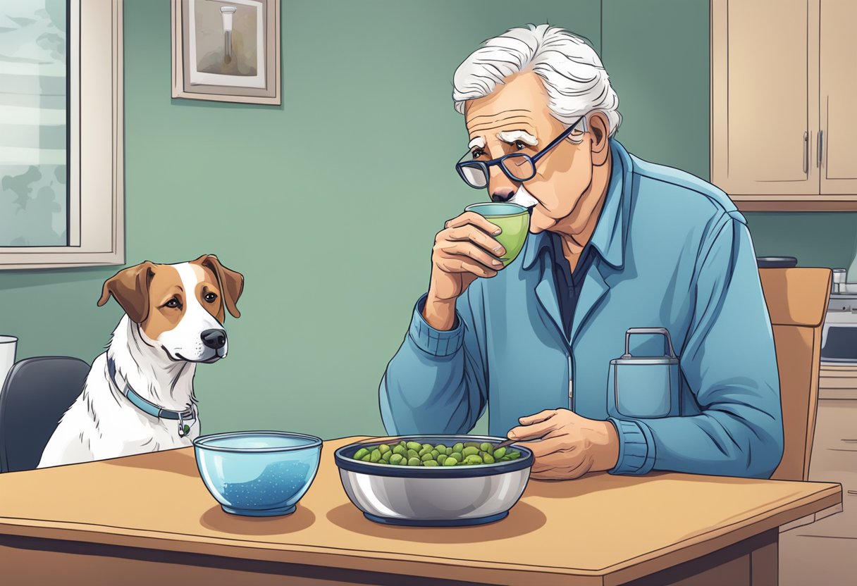 A senior dog with a bowl of untouched food, but eagerly drinking water, sits next to a concerned owner, both waiting in a quiet, sterile vet's office