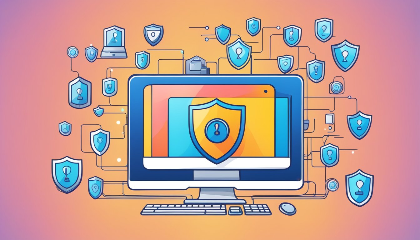 A computer surrounded by a shield with a lock symbol, representing online protection for personal information