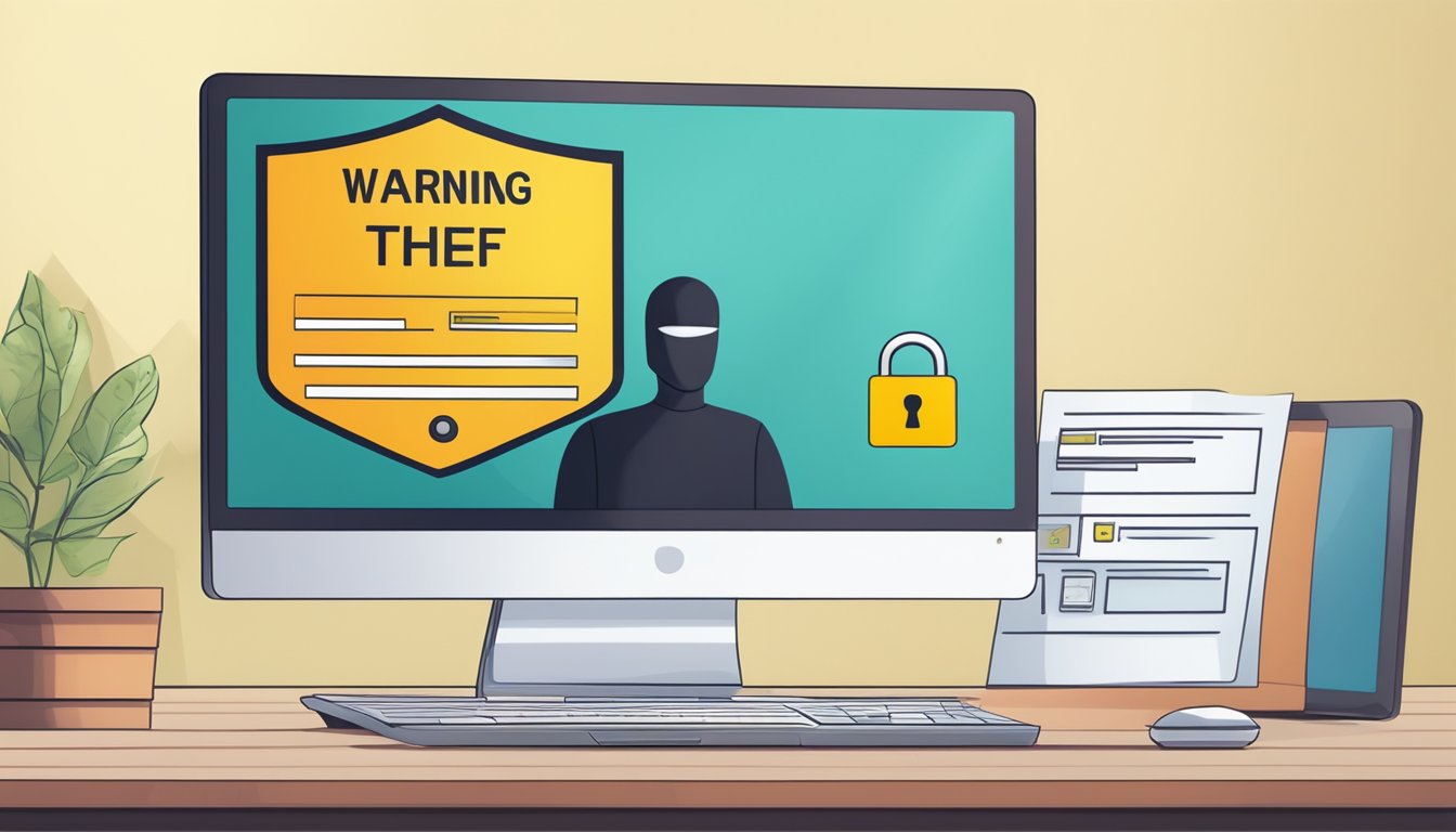 A computer screen with a warning message about potential identity theft. Security lock icon and shield symbol in the background