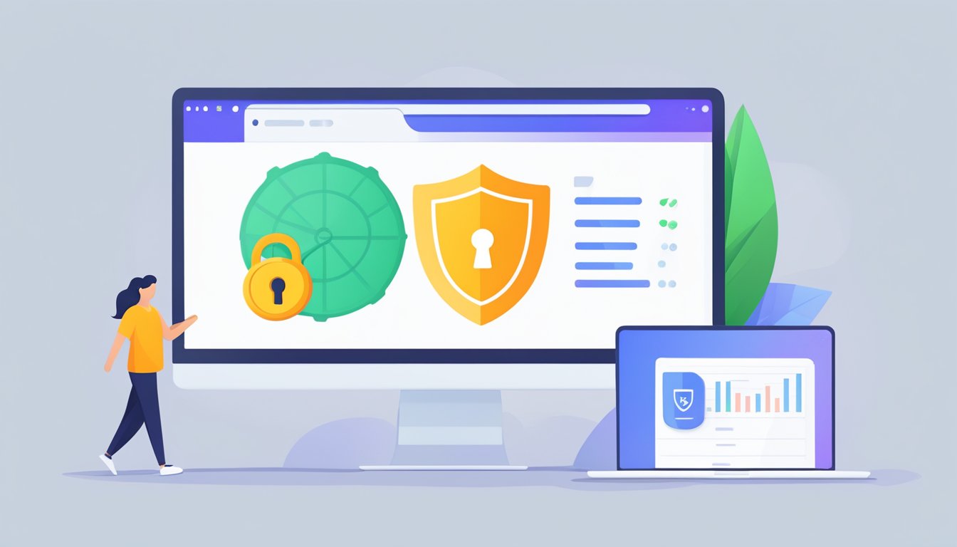 A computer screen displays a privacy-focused browser with a lock icon and a shield symbol. A tracker is shown being blocked, while a graph illustrates the increase in privacy