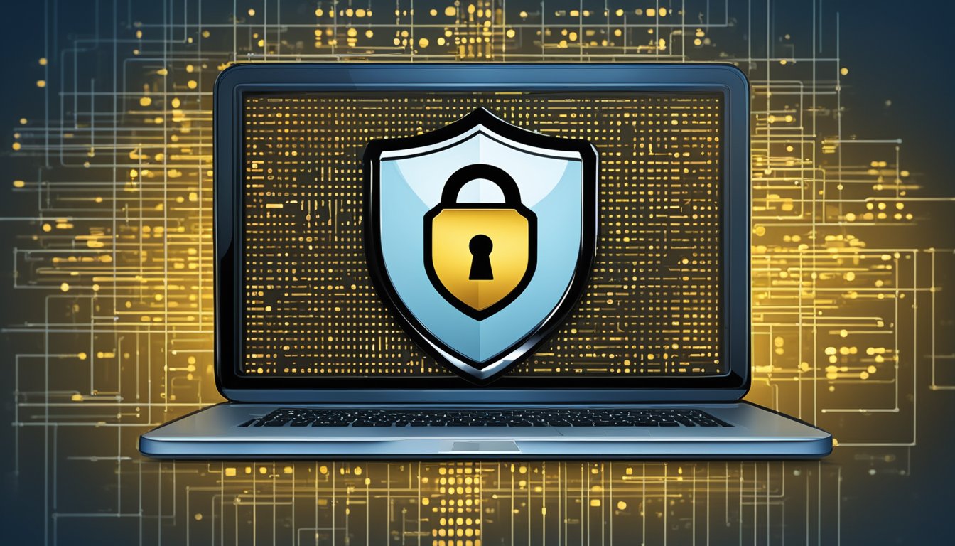 A computer screen displaying a shield icon surrounded by lock symbols, with a background of digital code and a padlock