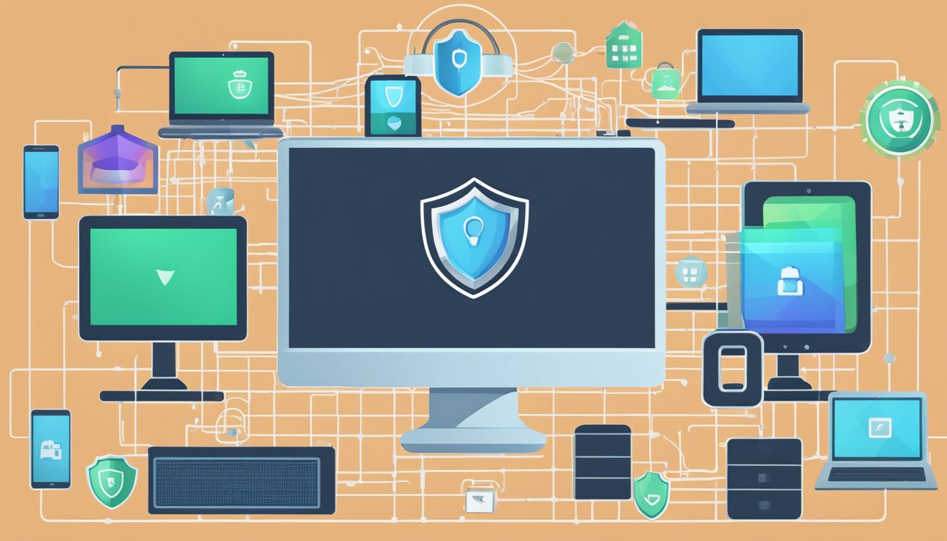 A computer screen with a lock icon and a shield symbol, surrounded by a network of interconnected devices, representing the protection and privacy provided by VPNs