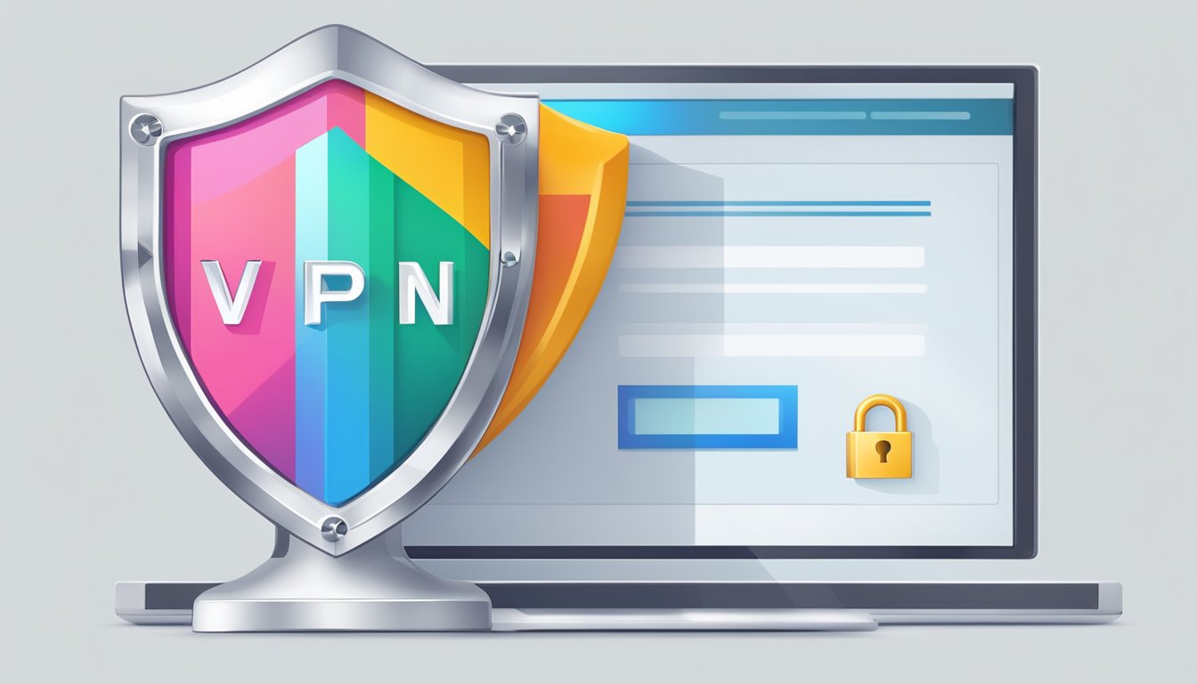 A computer screen with a lock icon surrounded by a shield, representing VPN protection for internet privacy