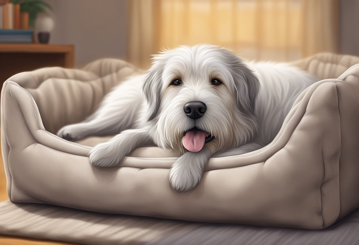 A senior dog peacefully sleeps with its tongue out, nestled in a soft, supportive bed designed for optimal comfort