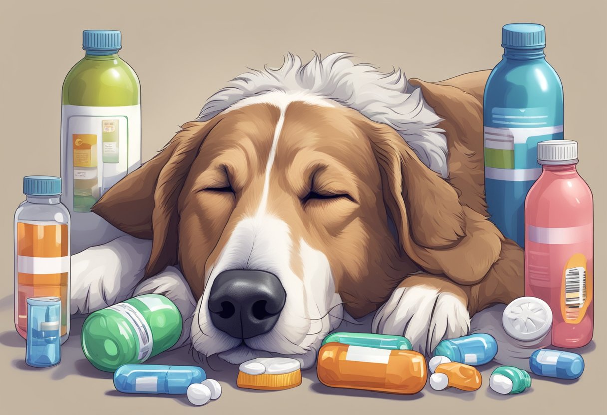 A senior dog peacefully sleeps with its tongue out, surrounded by bottles of sleep aids and medication