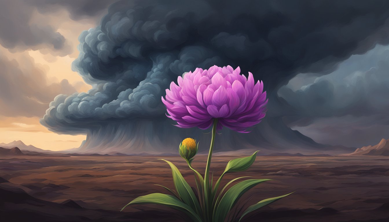 A dark storm cloud looms over a barren landscape, but amidst the desolation, a single vibrant flower blooms, symbolizing growth and resilience in the face of trauma and rehabilitation