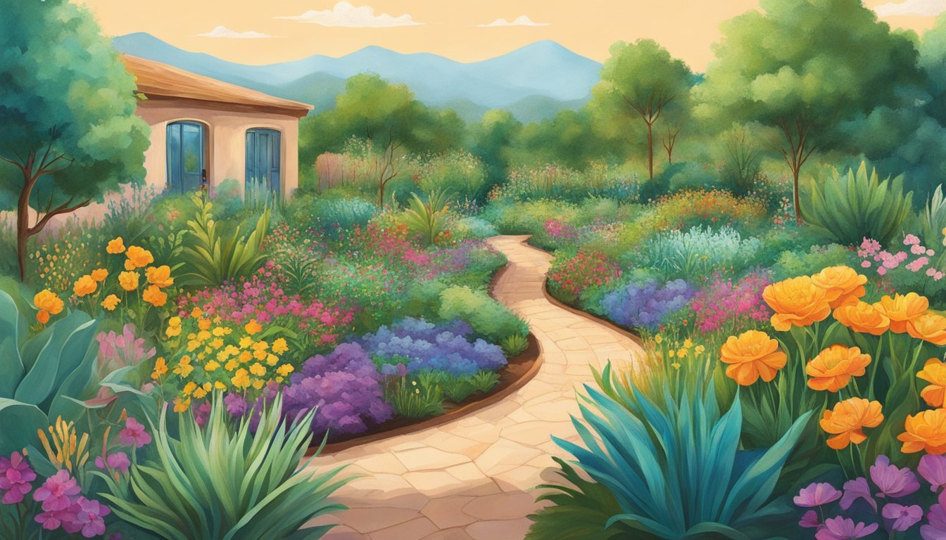 A barren field transforms into a lush garden, symbolizing personal growth from trauma and rehab. The garden is filled with vibrant colors and diverse plant life, representing creativity flourishing from adversity