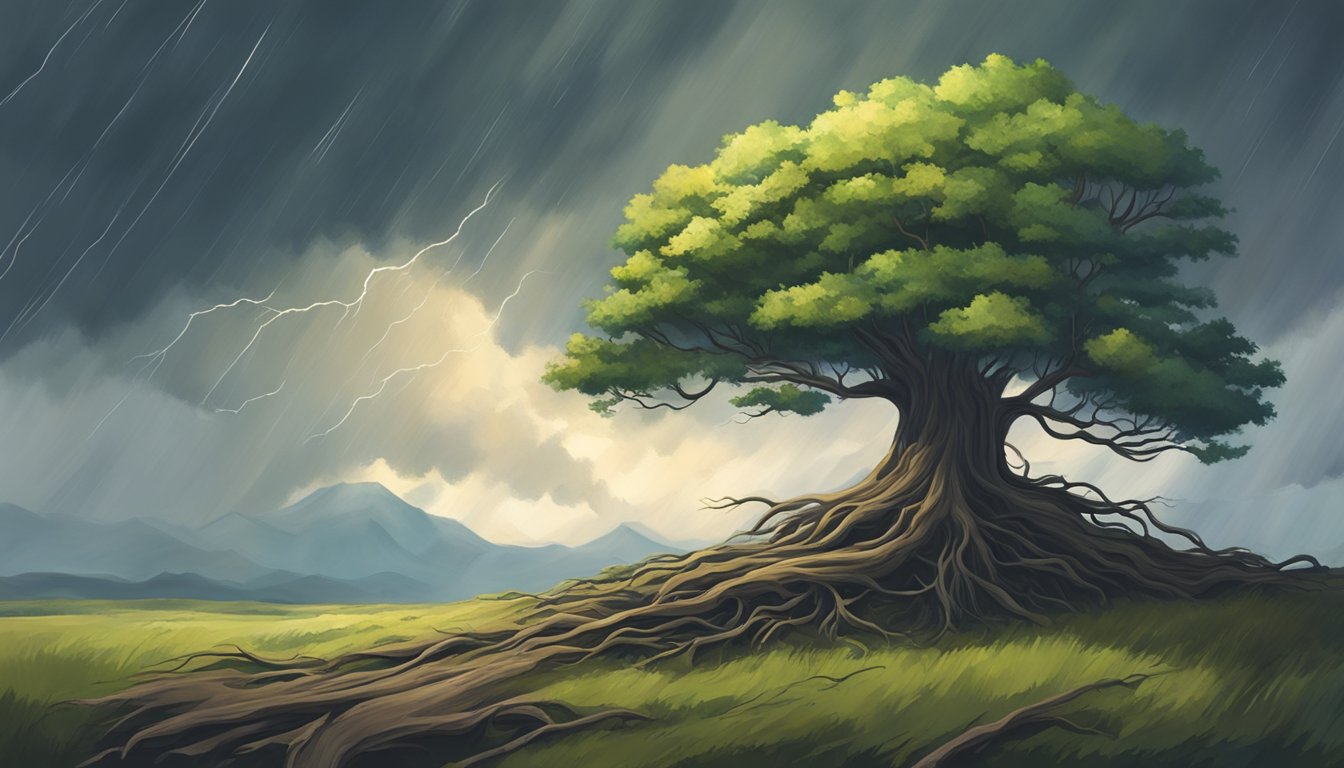 A lone tree stands tall amidst a storm, its roots firmly planted in the ground. Despite the harsh winds and rain, the tree remains resilient, bending but not breaking. The storm represents trauma and rehab, while the tree symbolizes growth and empowerment