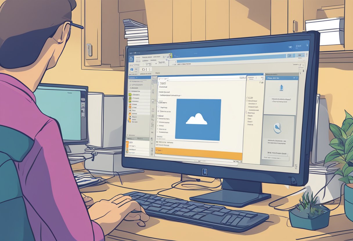 A computer screen showing the "New Outlook" interface with a puzzled user trying to find a way to revert back to the "old Outlook"