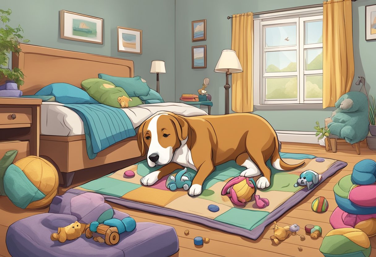 A senior dog pees while sleeping on a cozy bed, surrounded by familiar toys and comforting blankets