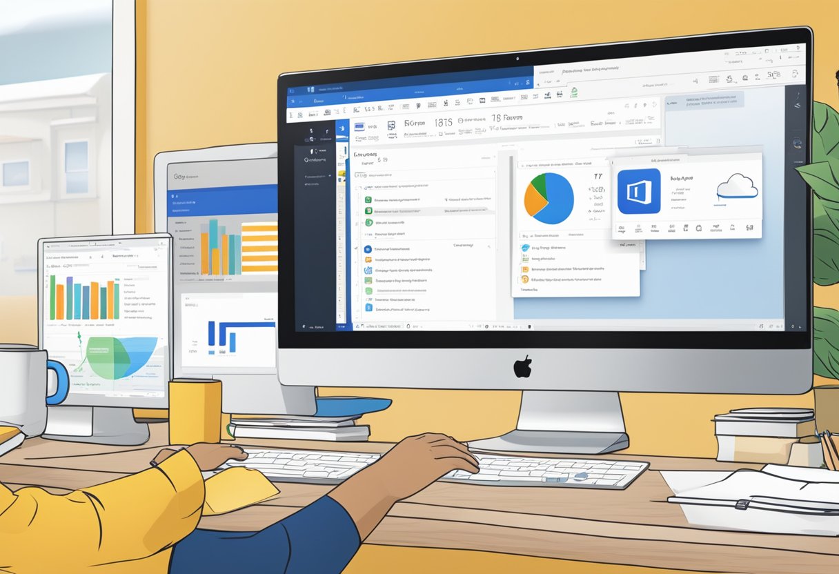 A computer screen displays the process of adding the Teams add-in to Outlook, with both applications open and being integrated