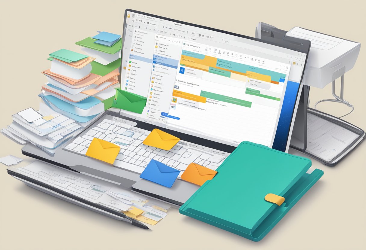 A cluttered inbox with emails sorted by date in Outlook, folders labeled for organization, and a search bar for quick access