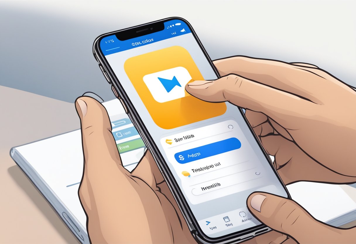 A hand reaches for the iPhone, tapping the Outlook app icon. The user navigates to the settings menu and selects the option to sign out of their Outlook account