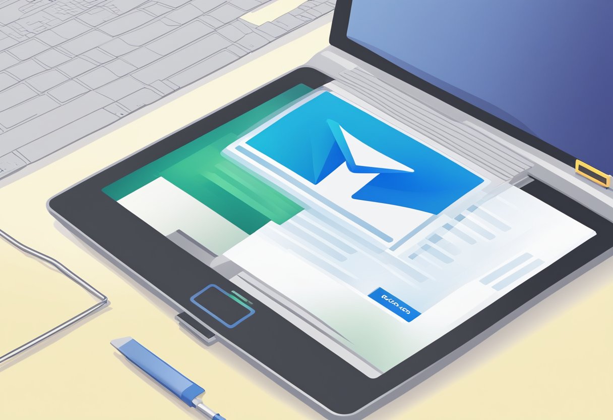 A computer screen displays the Outlook email interface. A download icon is highlighted, indicating the process of downloading mail