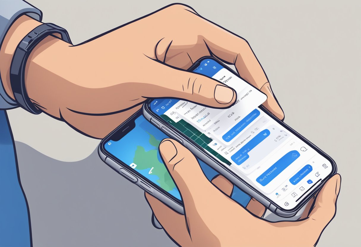 A hand holding an iPhone with the Outlook app open. The user navigates to settings, selects "Mail," then "Blocked Sender Options" to block an email address