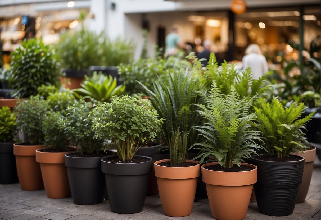 Several oversized plant pots sit on display at a local store, marked with "cheap" prices. The pots are designed for outdoor use and are suitable for large plants