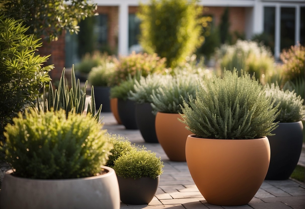 Several extra large pots filled with outdoor plants are arranged in a stylish outdoor space, creating a vibrant and inviting atmosphere